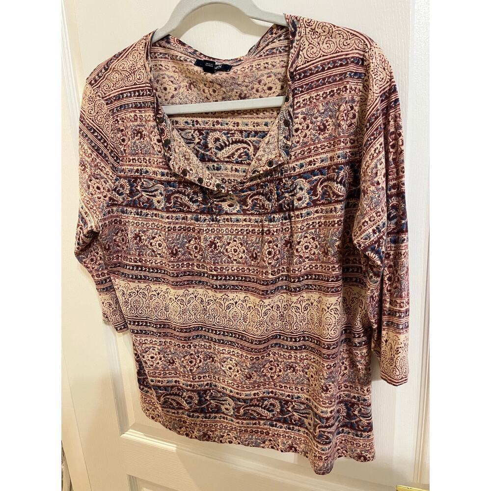 Chaps Women's Paisley Print Peasant Blouse Boho Tie front 3/4 sleeve Top 1X